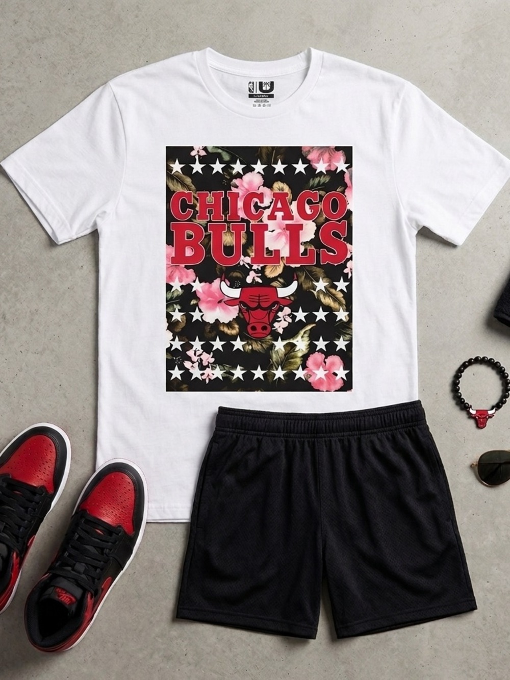 Chicago Bulls NBA Floral Graphic T-Shirt – White (Size XL)